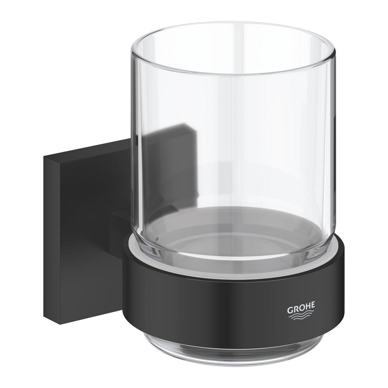 GROHE Start Cube Zahnputzbecher – 13,5×10,6×10,6 cm, Metall/Glas, inkl. Halterung, Transparent/Schwarz