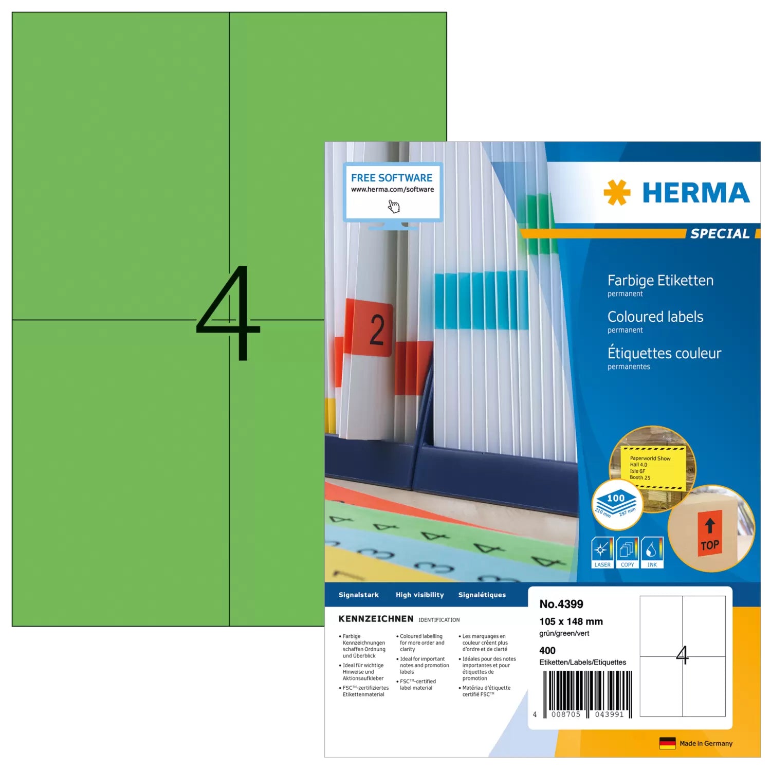 HERMA Drucketiketten, 105 mm × 148 mm, grün, Papier, permanent, 100 Blatt (400 Etiketten)