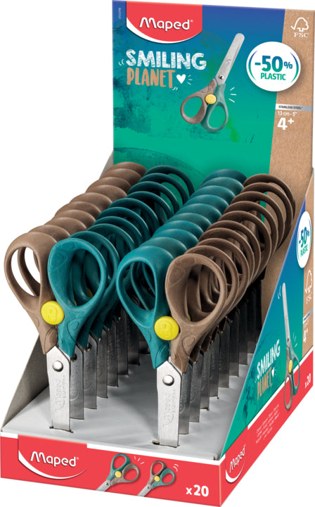 Maped SMILING PLANET Kinderschere – ergonomischer 3D-Griff, Klingenverriegelung – Braun/Grün, 20 Stk.