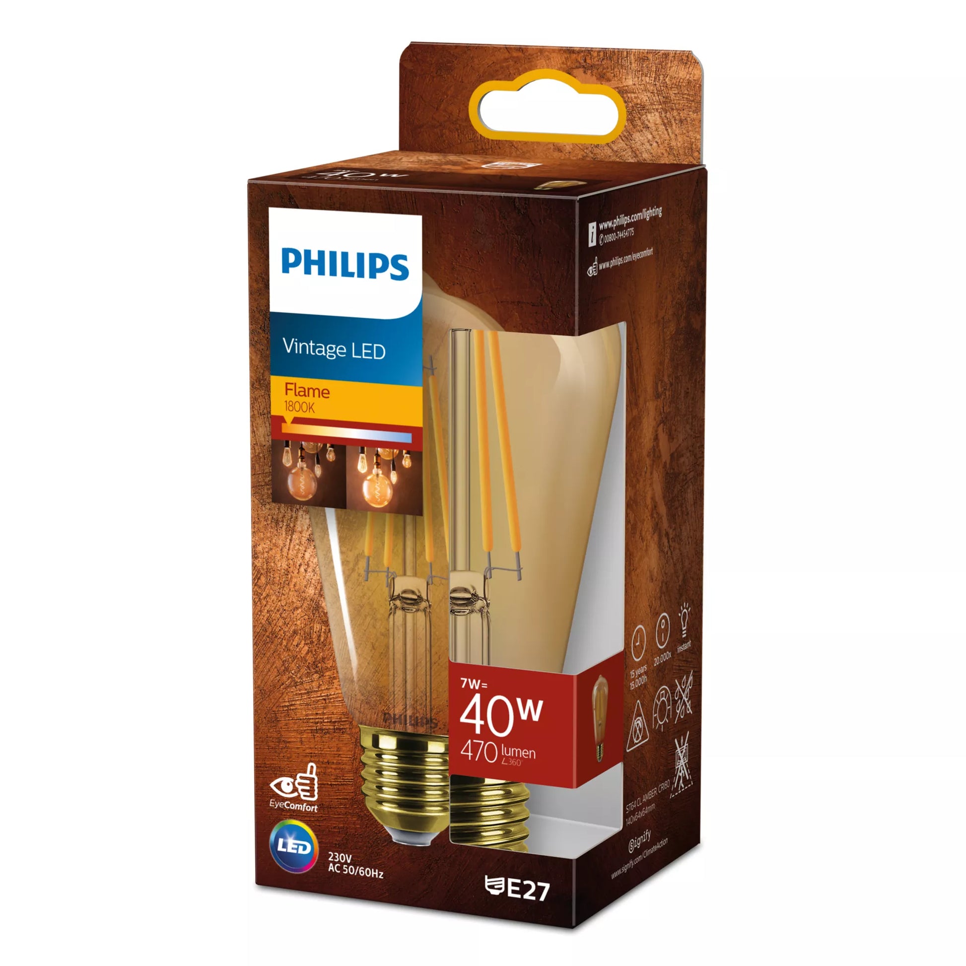Philips by Signify Philips Leuchtmittel E27 ST64 – 470 lm, 7 W, Bernstein 1800 K – 1 Stk., Glas