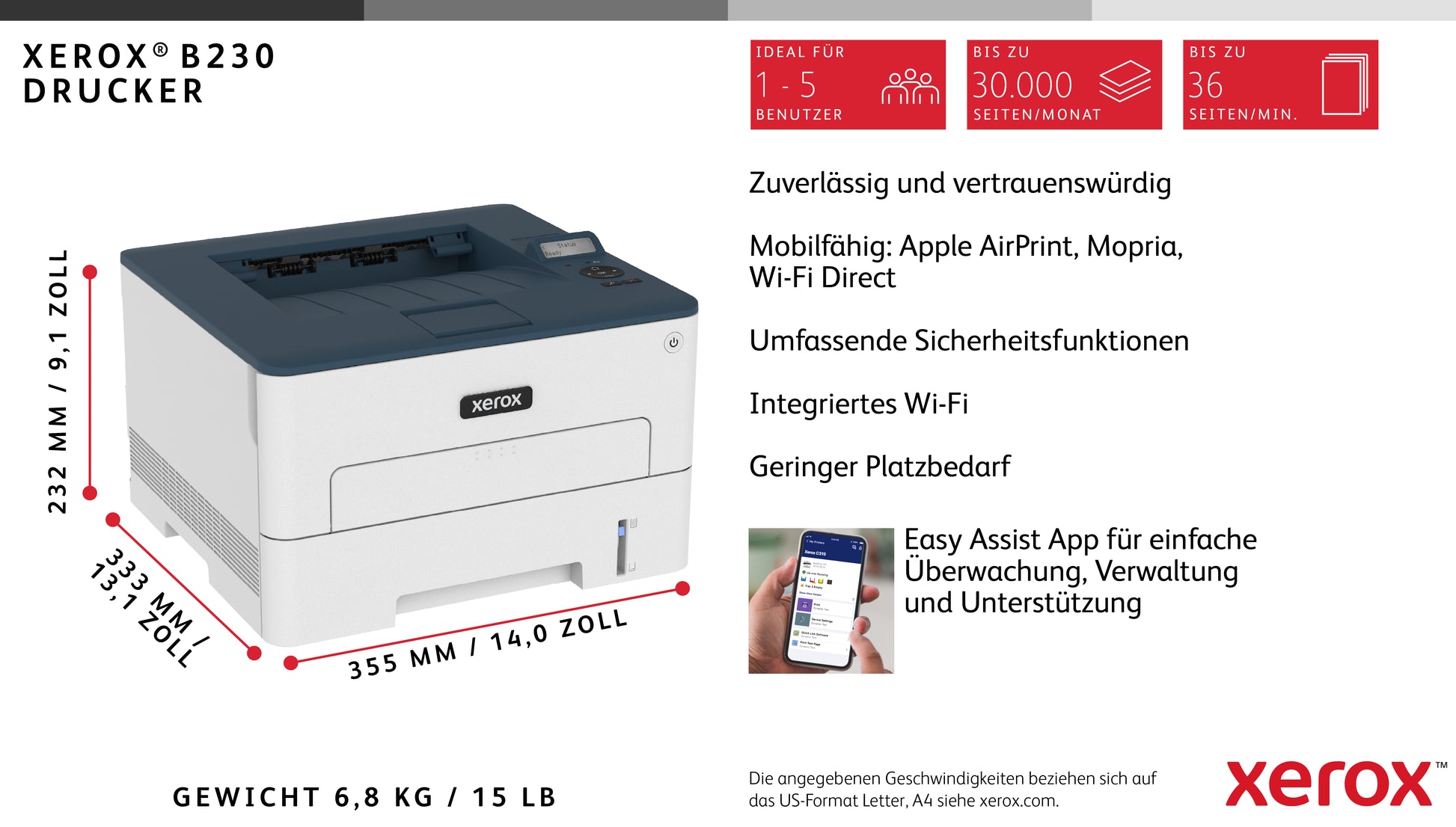 Xerox B230 – Schwarz-Weiss, A4, Duplex, WLAN, LAN, USB, 34 S./Min., AirPrint, Mopria