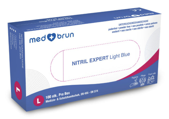 MedBrun Einweghandschuhe Nitril – L, 50 Paar (100 Stück) – Hellblau, CE, puderfrei, latexfrei
