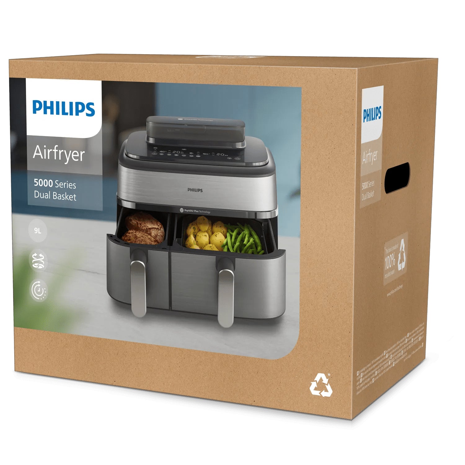 Philips Heissluftfritteuse NA555/00 – 9 l, Doppelkorb & Rapid Air, 2750 W – silber