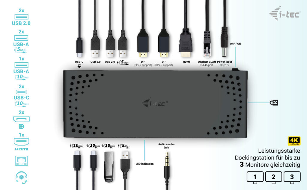 i-tec Dockingstation – USB-C, 2× DP, 1× HDMI, 5× USB-A, 2× USB-C, 100 W PD, GbE, 3,5 mm Audio, für Windows/Mac