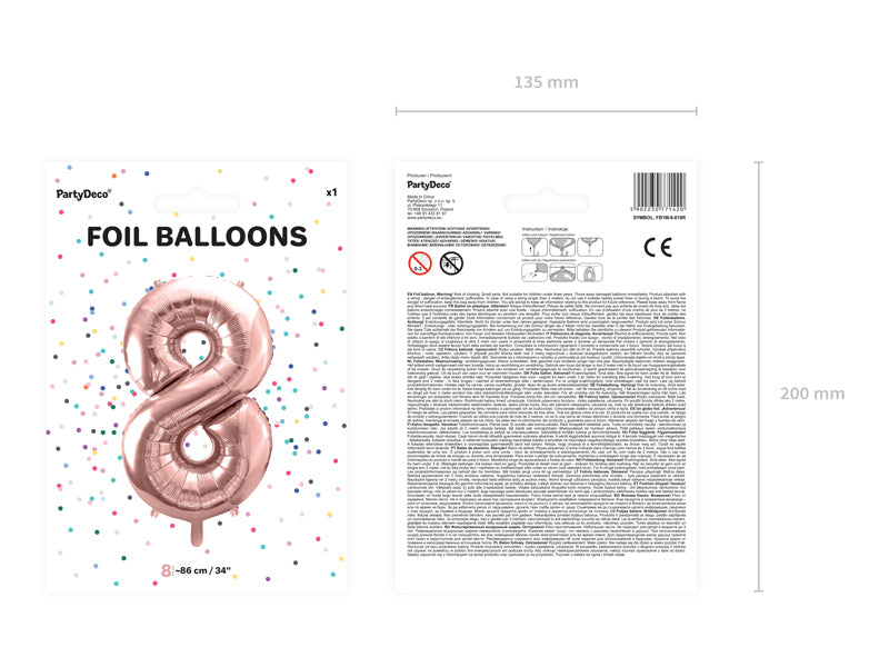 PartyDeco Folienballon Zahl 8 – Roségold – 86 cm – Folie – 1 Stk