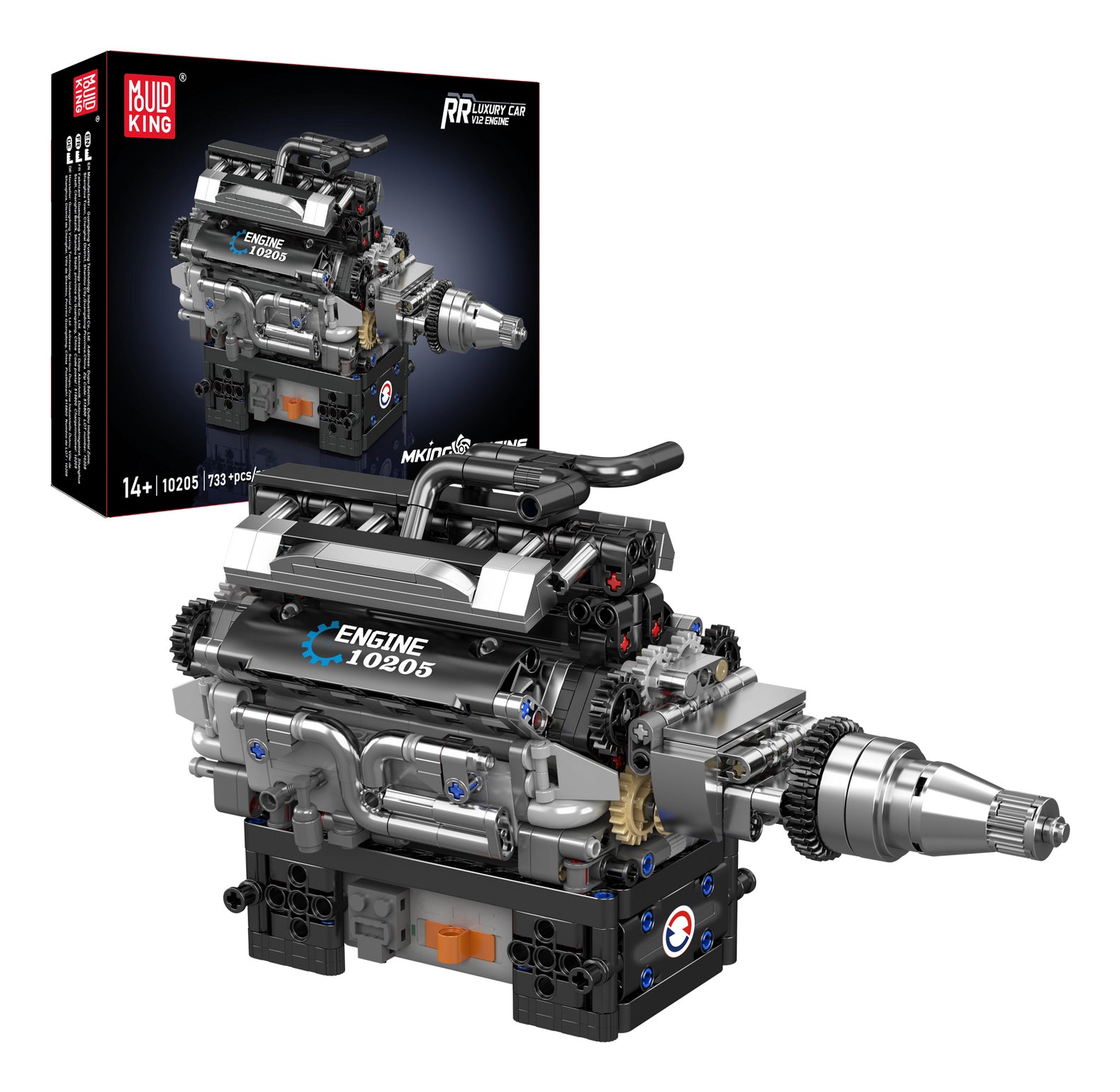 Mould King 3D Puzzle V12 Motor – 733 Teile – Kunststoff – Schwarz/Silber – ab 14 J.