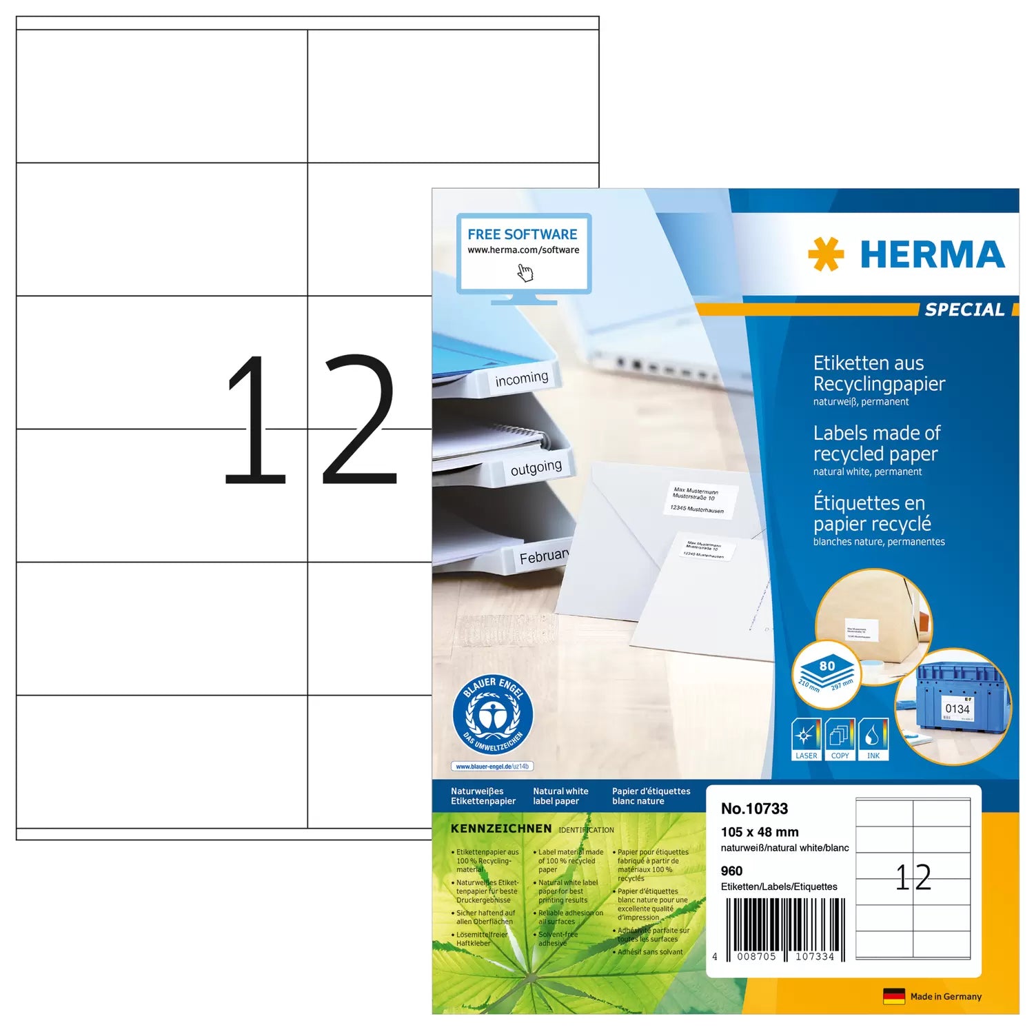 HERMA Gestanzte Etiketten, 105 mm × 48 mm, weiss, Papier, permanent, 960 Stück