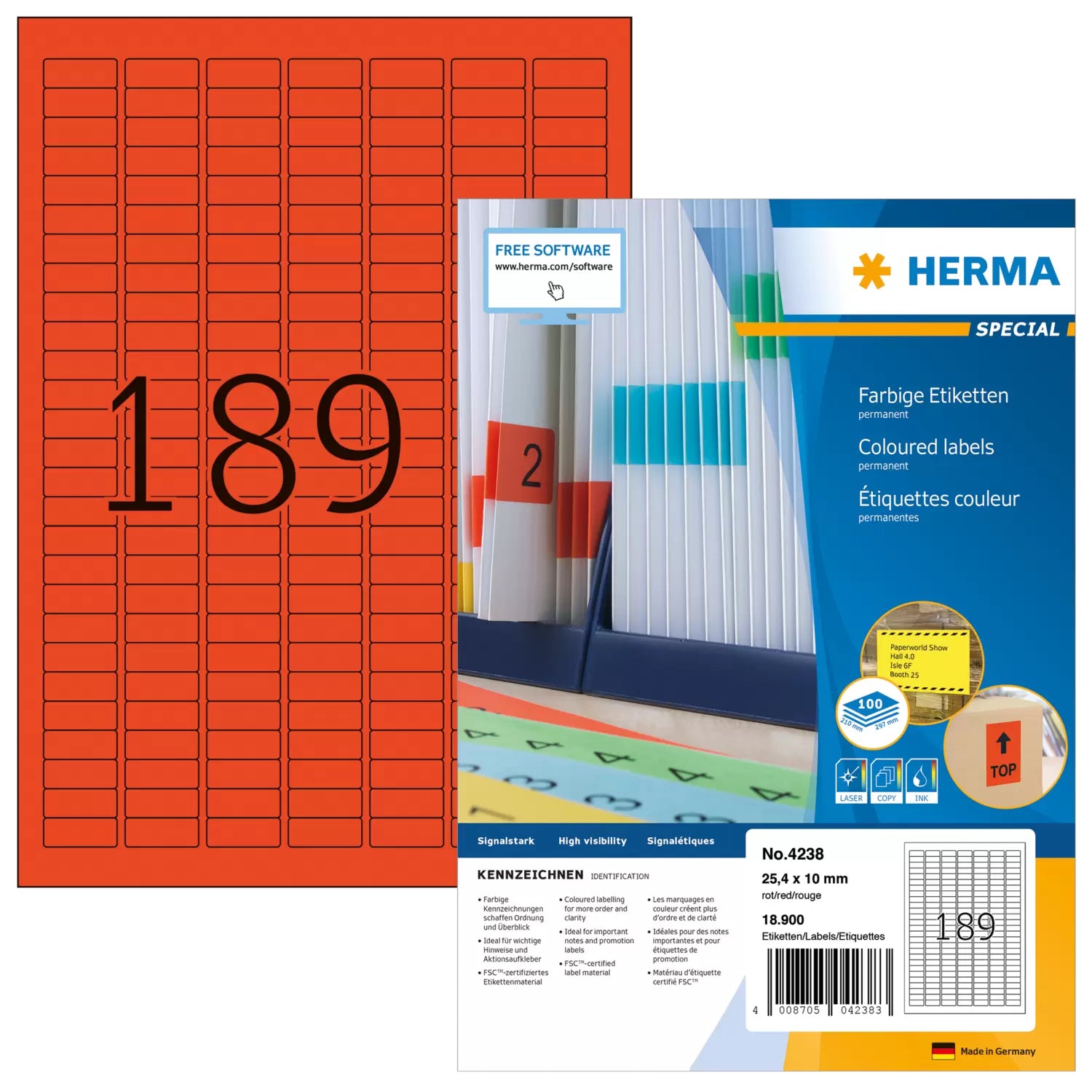 HERMA 4238 – Etiketten A4 25 × 10 mm – Papier, rot – permanent haftend – 189 pro Blatt, 100 Blätter