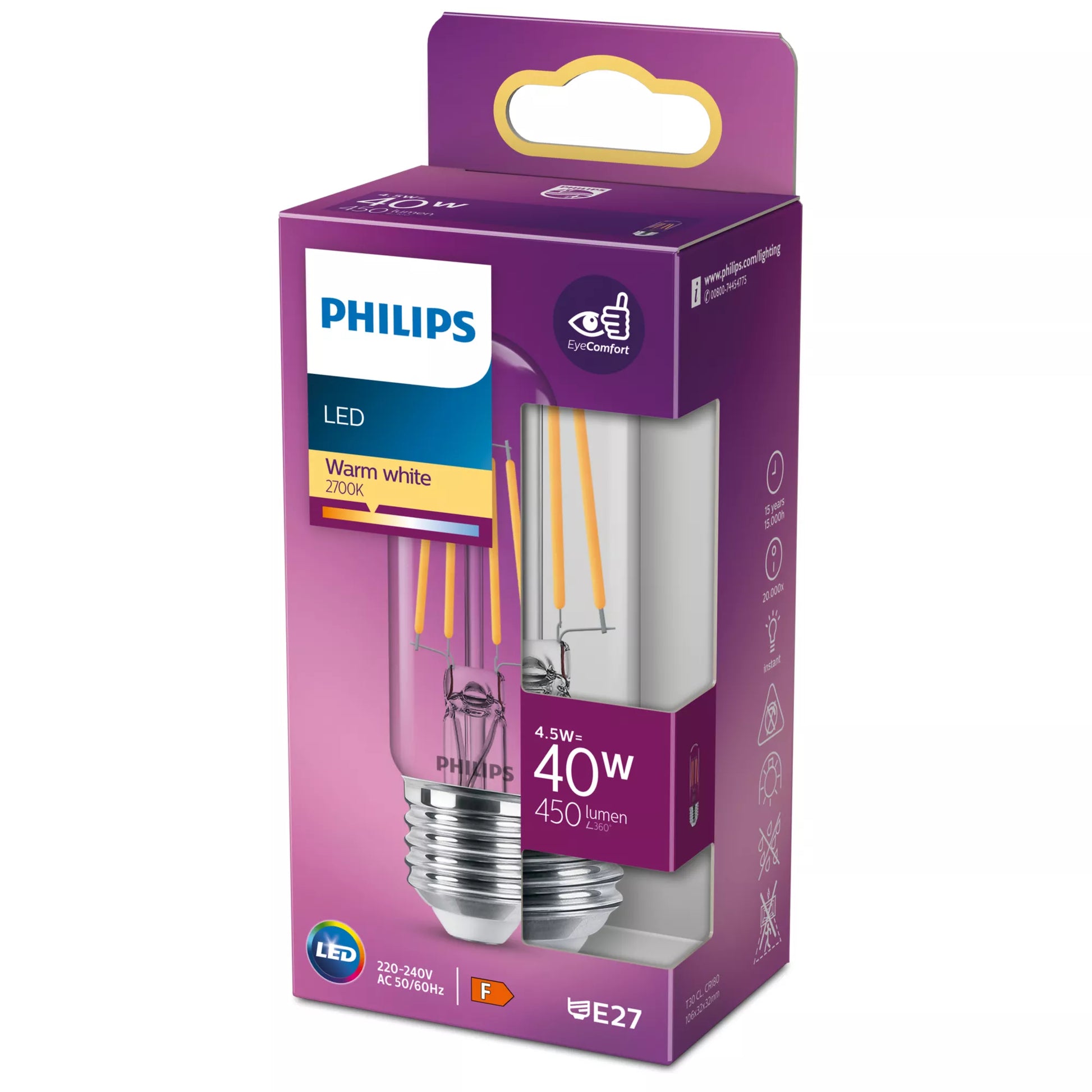 Philips by Signify Philips LED-Leuchtmittel E27 T30 – Warmweiss 2700 K, 470 lm, 4,5 W – 1 Stk. – Transparent, Glas