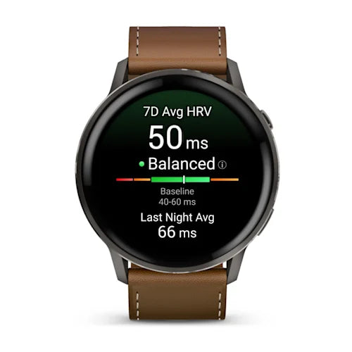 Garmin Venu 4 45 mm GPS – Edelstahl Schwarz, Braunes Lederarmband, 50 m, für iPhone