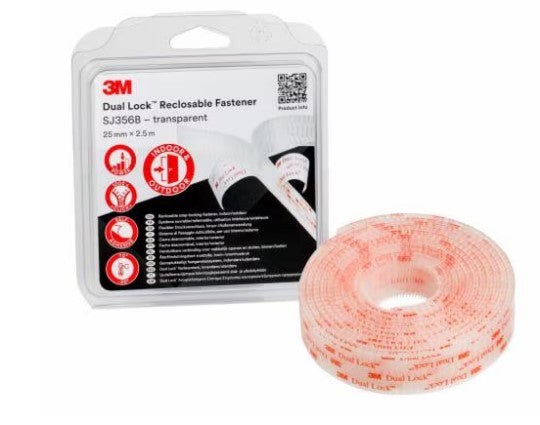 3M SJ356B Klettband Druckverschluss – 25 mm × 2,5 m, transparent, selbstklebend, 1 Stk.