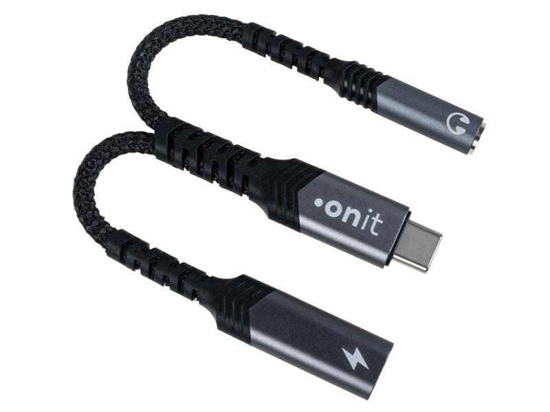 ONIT Multi-Kabel – 2-in-1 USB-C auf 3,5 mm Klinke/USB-C 0,14 m, PD 60 W, Schwarz – für USB-C Geräte