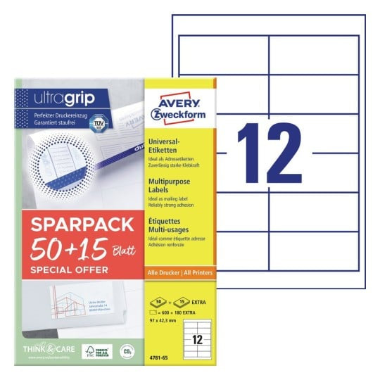 AVERY Zweckform – Etiketten A4 97 × 42 mm – weiss – permanent haftend – Laser/Inkjet – 65 Blätter (780 Stk.)