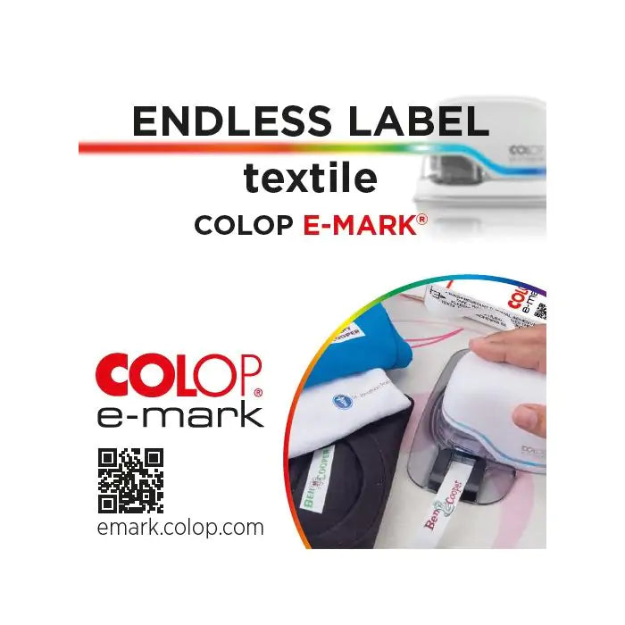 Colop e-mark GO – Endlos-Etiketten 15 × 8 m – Textil, weiss – für Colop e-mark und e-mark GO – waschbeständig