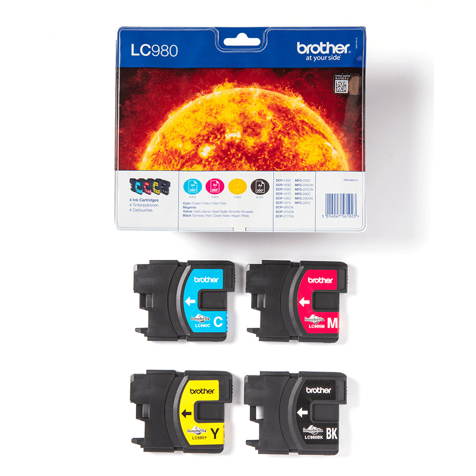 Brother LC980VALBP Tintenpatronen-Multipack, Schwarz/Cyan/Magenta/Gelb (Original) – für DCP-145C/165C/195C …