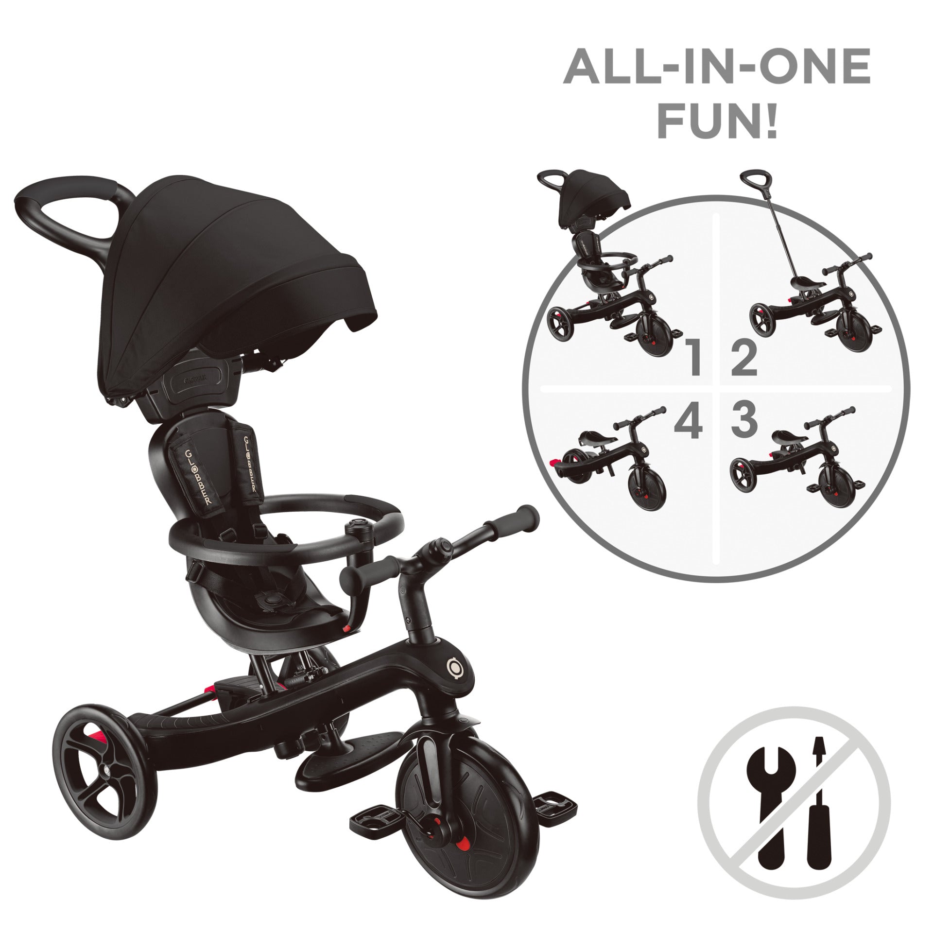 Globber Explorer 4-in-1 Dreirad – verstellbarer Sitz, Schiebestange, bis 20 kg – ab 10 Monaten – schwarz
