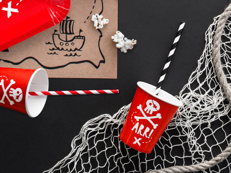 PartyDeco Becher Piraten, Papier/Karton – 2,2 dl, Rot/Weiss – 6 Stk.