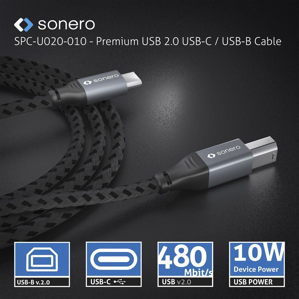 Sonero – USB-Kabel – USB-C auf USB-B – USB 2.0 (480 Mbit/s) – 5 m – Geflochten, Baumwolle – Schwarz/Grau