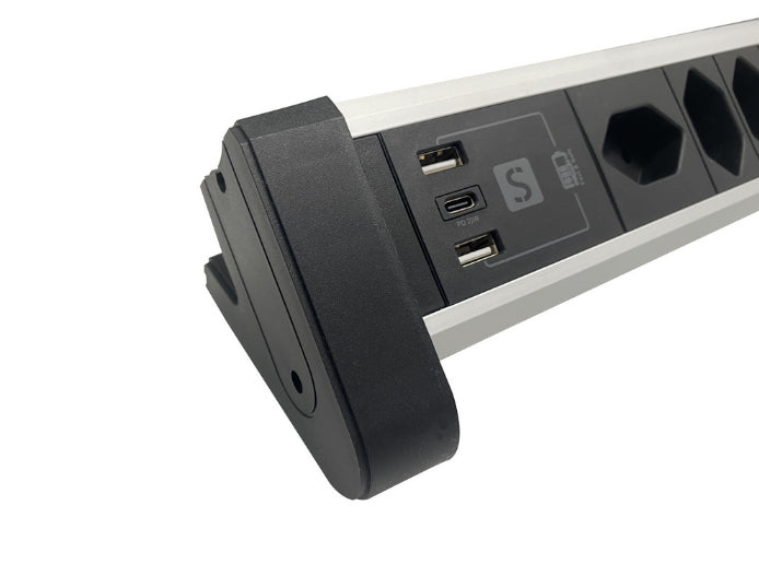 M. Schönenberger 85.860.4AL Tischsteckdosenleiste, 4×T13, 1×USB-A + 1×USB-C, mit Schalter – Silber/Schwarz