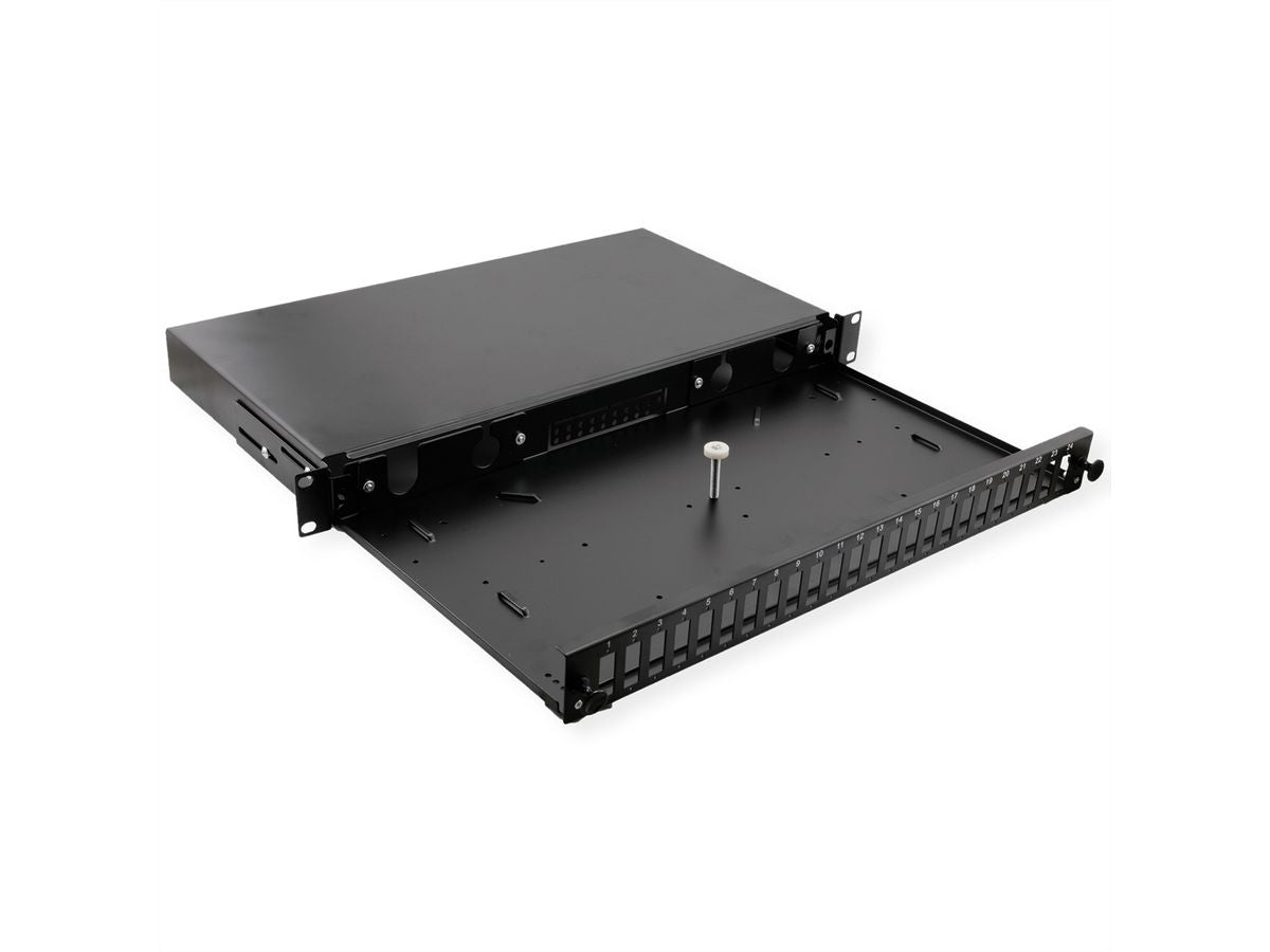 VALUE Spleissbox 19" – 1 HE, leer, Platz für max. 24× SC-Duplex oder 24× LC 4-fach, schwarz