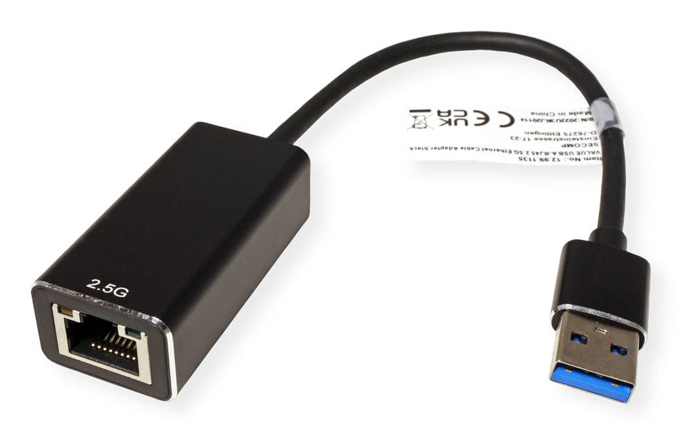 VALUE Netzwerkadapter USB-A zu RJ-45 – 2,5 Gbit/s, 1× RJ-45, 15 cm, USB 3.2 Gen 1, busgespeist, Schwarz