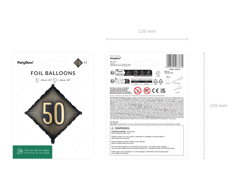 PartyDeco Folienballon Zahl 50 – schwarz, gold – 46 × 46 cm – 1 Stk