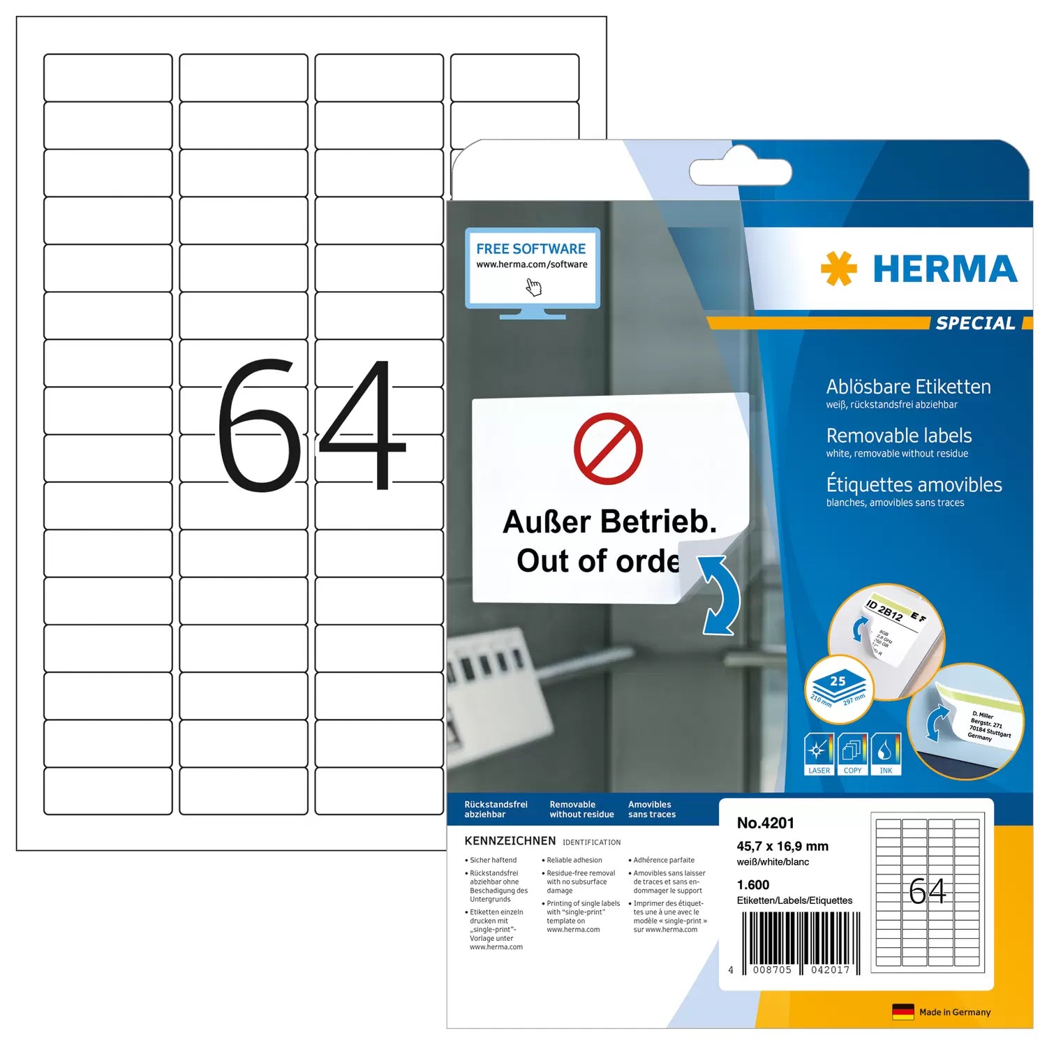 HERMA Haftetiketten – rechteckig 45,7 × 16,9 mm, wiederablösbar, weiss, A4, 25 Blatt (1'600 Stk.)