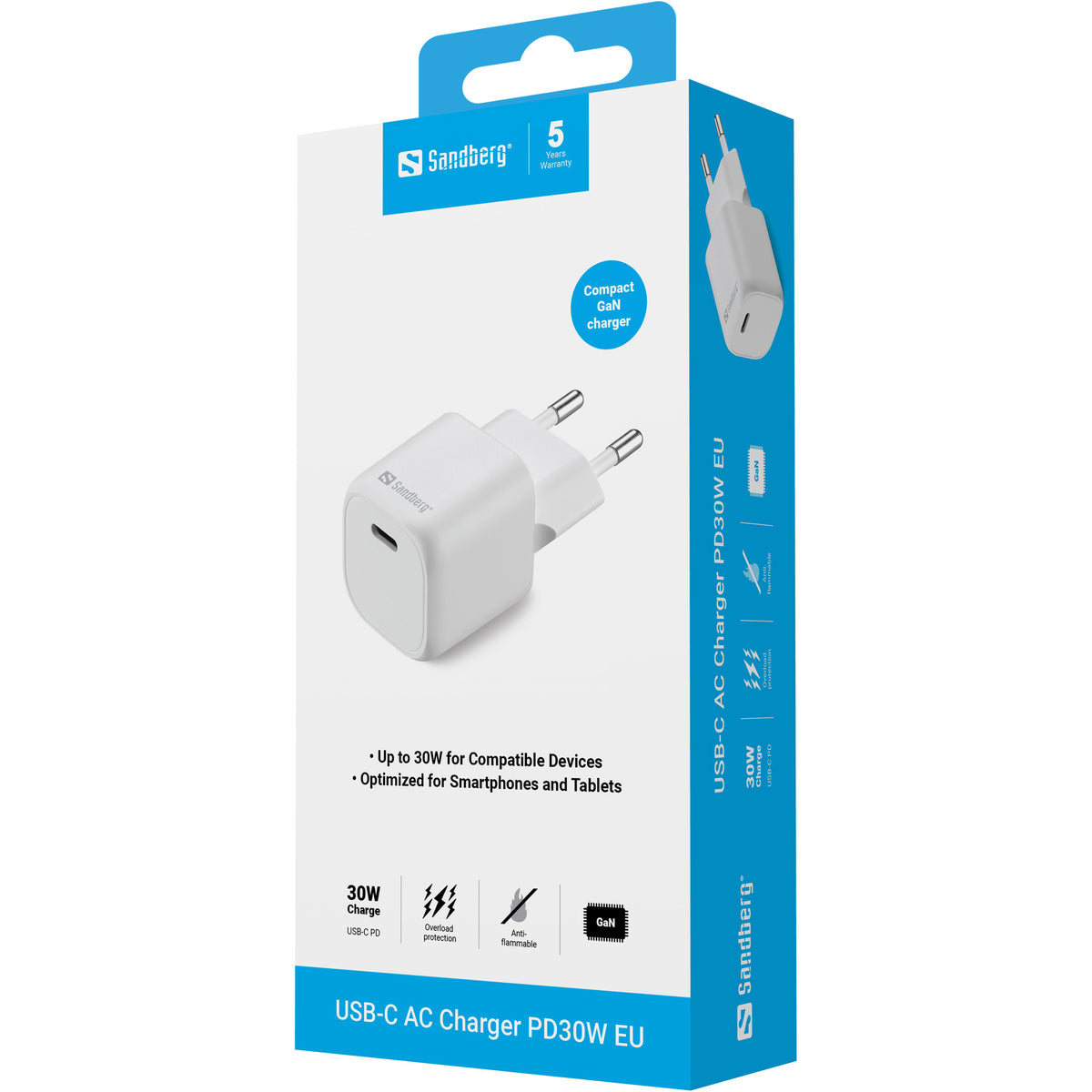 Sandberg 441-80 USB-Ladegerät 30 W – USB-C×1 – PD, PPS, QC 3.0, GaN – Weiss