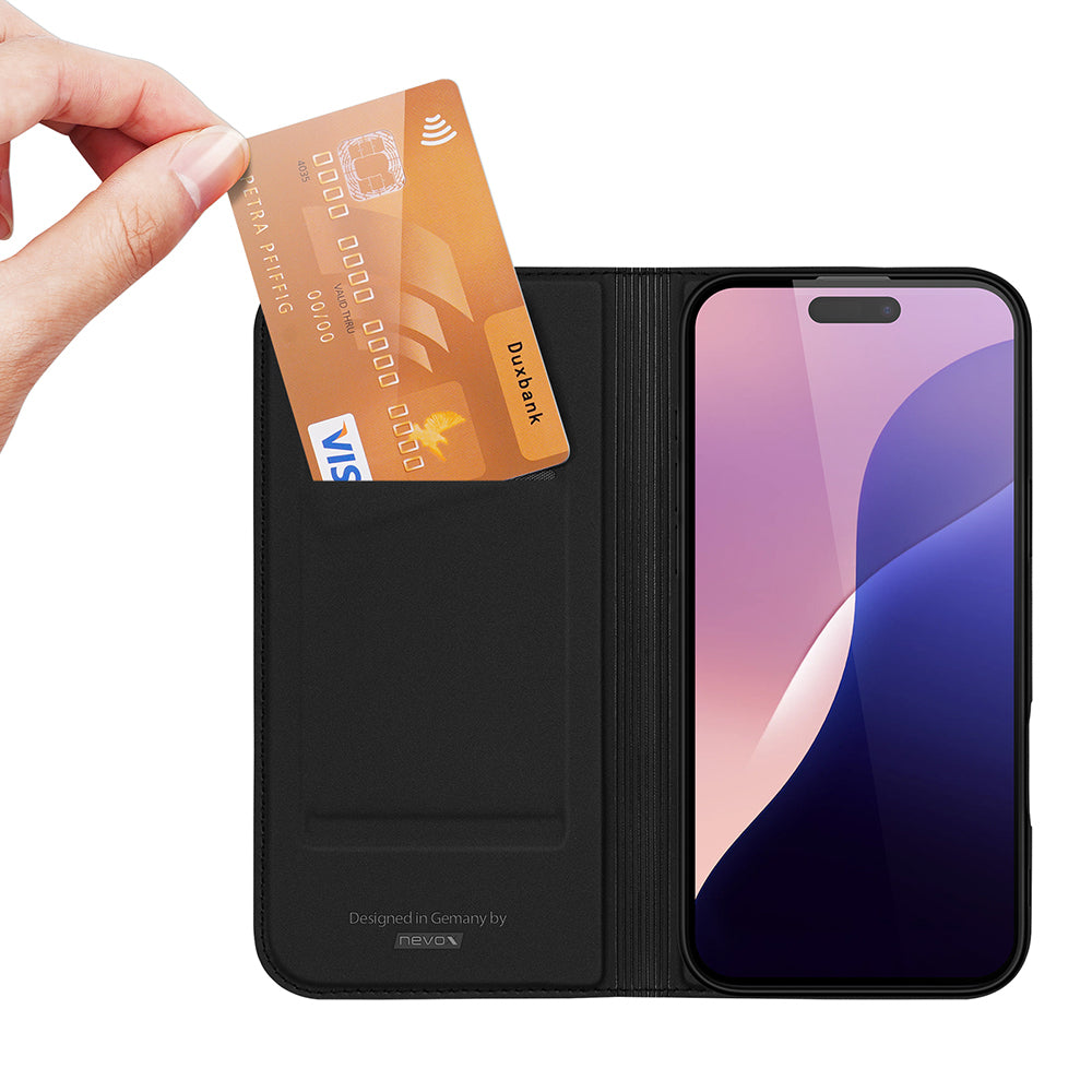 nevox Vario Series Wallethülle – für Apple iPhone 16 Pro Max, mit Ständer, 1 Kartenfach, PU+TPU, Schwarz