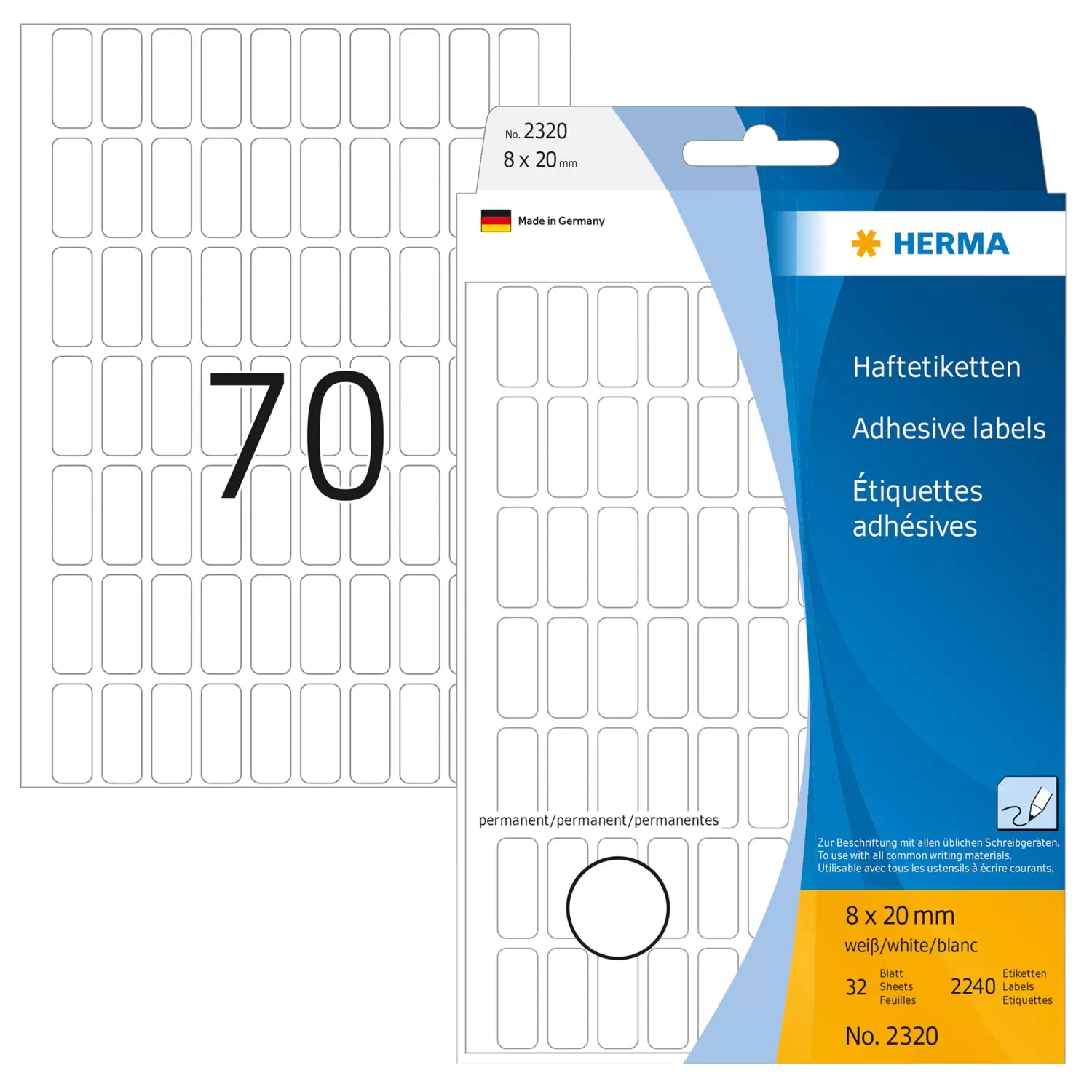 HERMA Haftetiketten – Abgerundetes Rechteck 8 × 20 mm, Stark haftend, Weiss, 32 Blatt (2'240 Stk.)