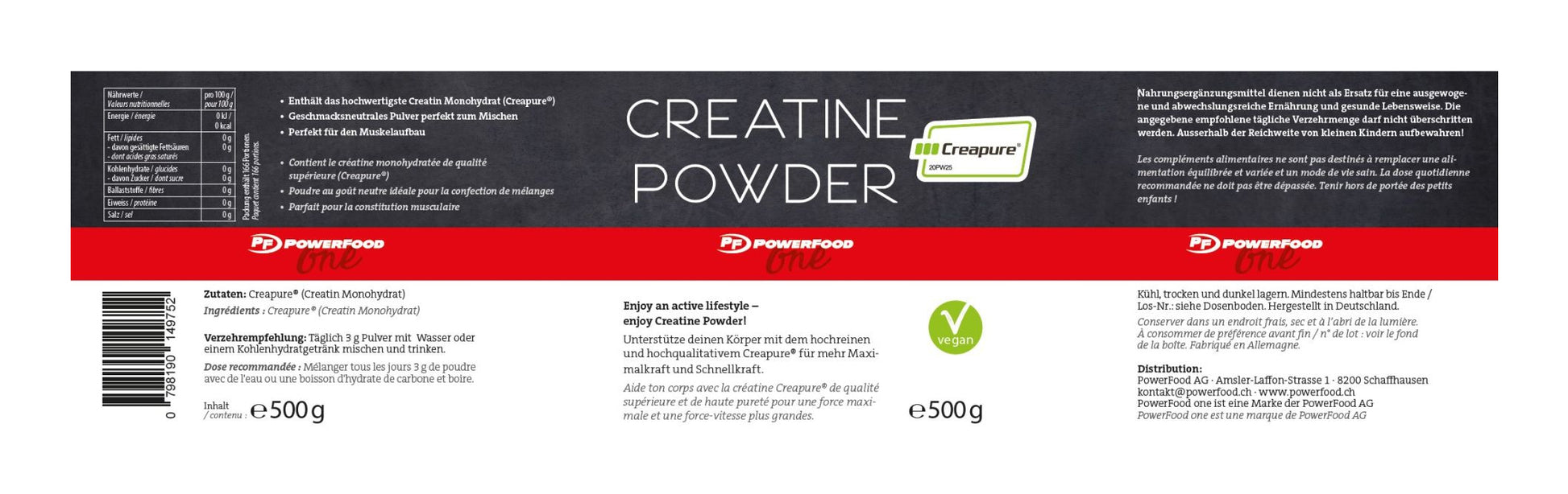 PowerFood Kreatinmonohydrat Pulver Neutral – laktosefrei – 500 g