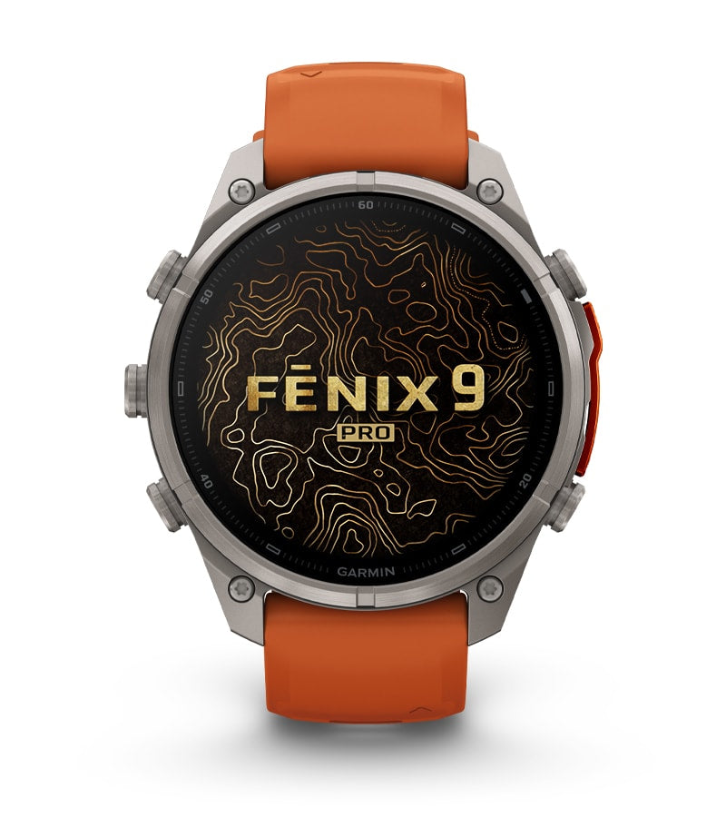 Garmin fēnix 9 Pro 51 mm GPS + Cellular – Titan, Silikonband, Orange, 100 m, für iPhone