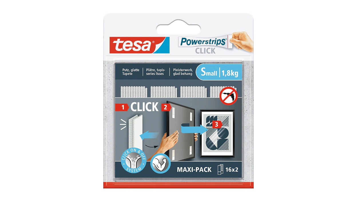 TESA Powerstrips CLICK S Montagepad 32 Stück – Weiss – Haltefestigkeit 1,8 kg, rückstandsfrei entfernbar