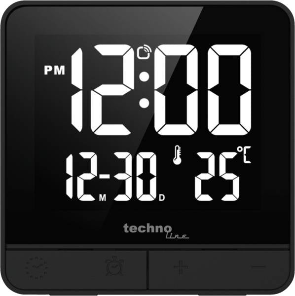 Technoline Digitaler Wecker – Funk, Schlummerfunktion, Thermometer & Hygrometer, 5,9 × 5,9 × 2,0 cm, Schwarz