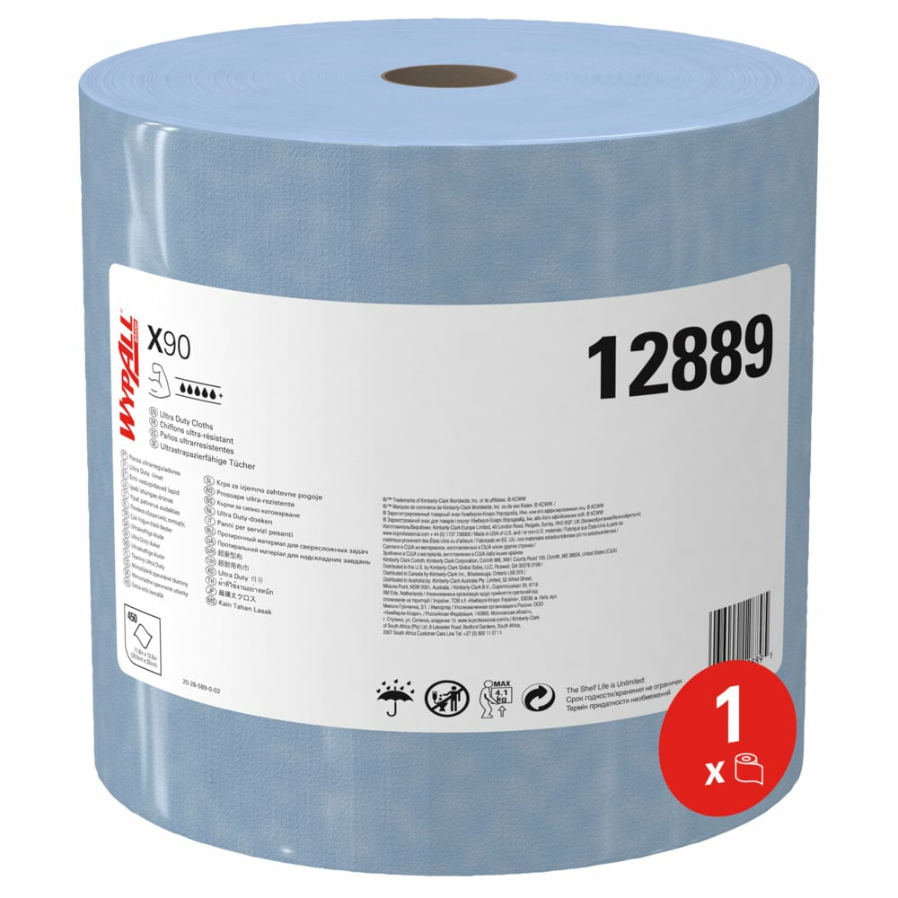 WypAll Wischtuchrolle X90 – 2-lagig – 30 × 32 cm – 450 Blatt – Blau – 1 Rolle