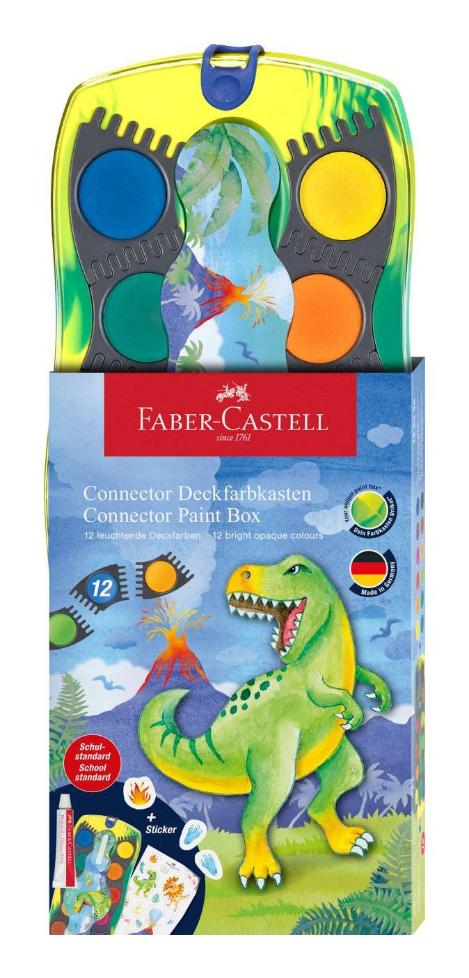 Faber-Castell Connector Dino Deckfarbkasten – Mehrfarbig – 12 Farben – inkl. Tube Deckweiss