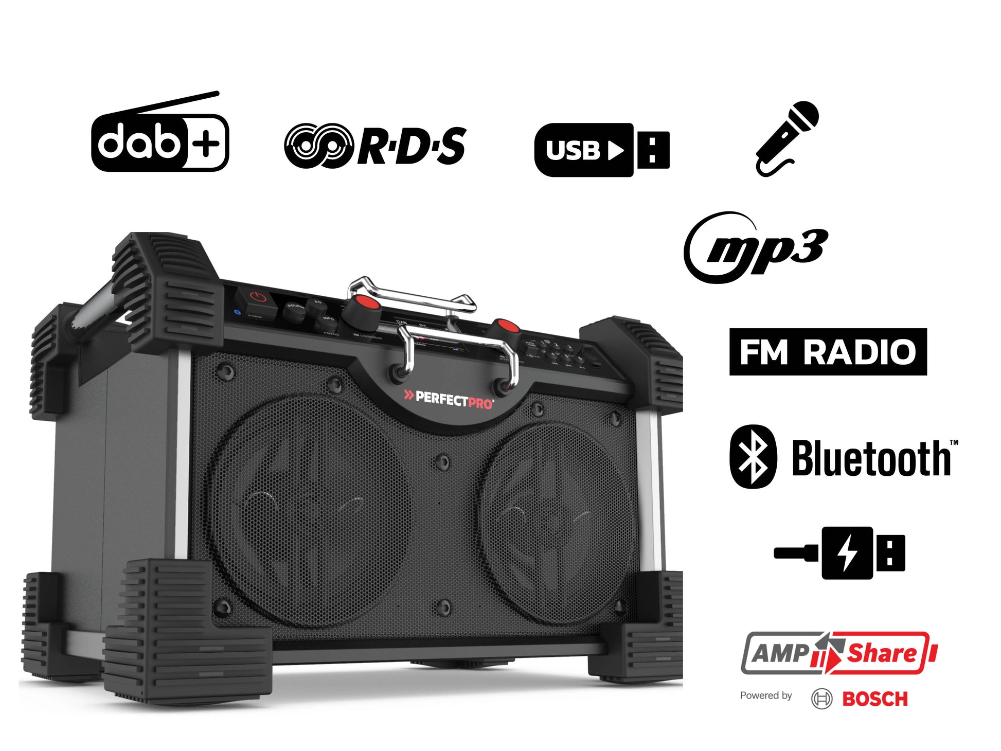 Perfectpro Rockhart RH4 – Baustellenradio – DAB+, UKW, Internetradio, Bluetooth, IP44, Akkubetrieb – Schwarz