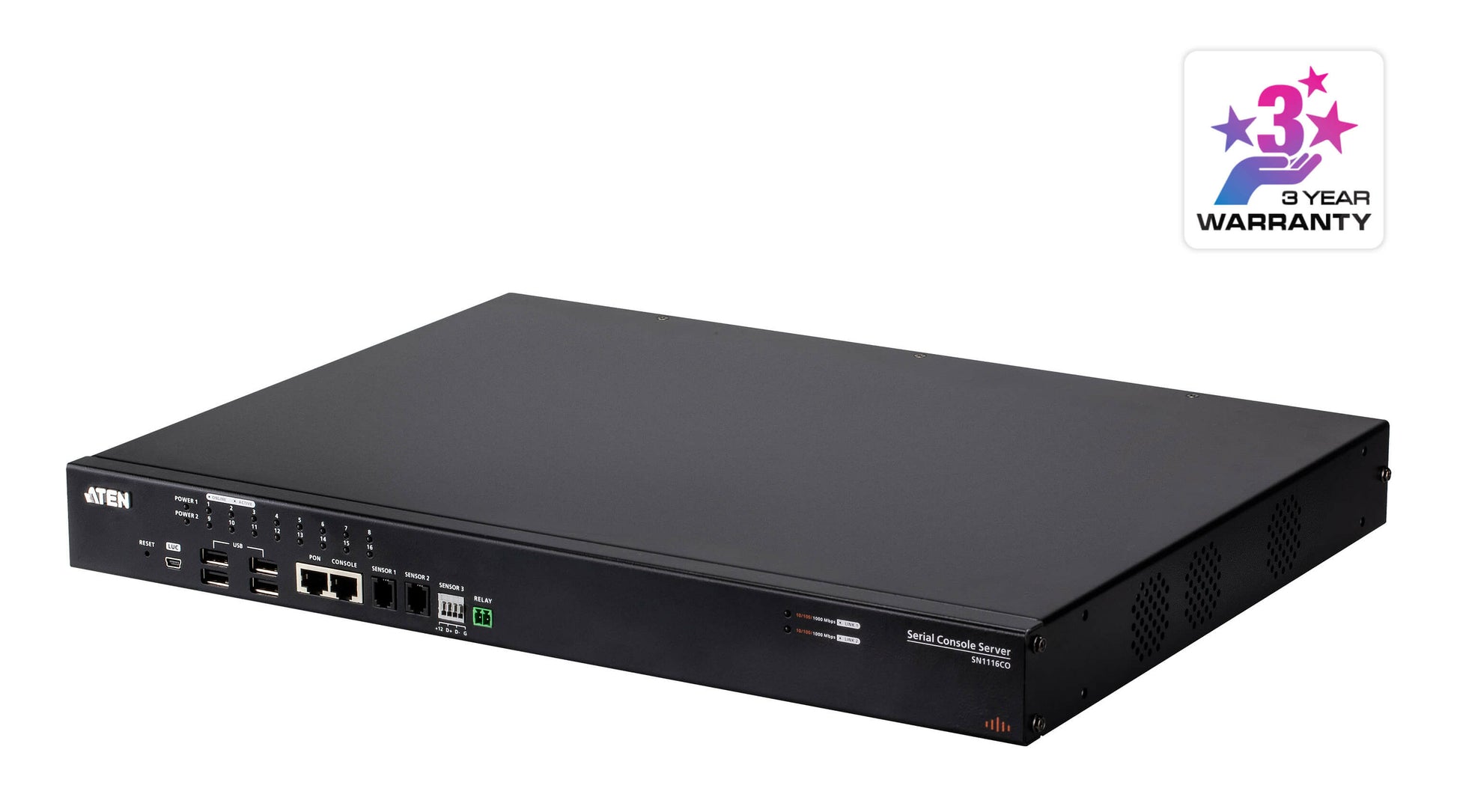 ATEN SN1116CO Serieller Konsolenserver – 16× RJ‑45, 2× SFP, 4× USB 2.0, Duale Stromversorgung – Schwarz