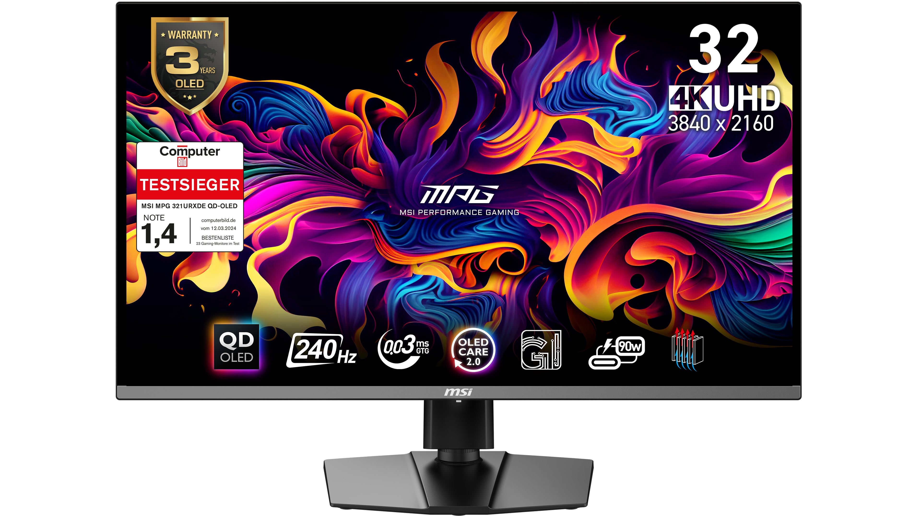 MSI MPG 321URXDE – Monitor, 31,5", 3840 × 2160 (UHD 4K), OLED, 240 Hz, 250 cd/m², Adaptive Sync, Schwarz