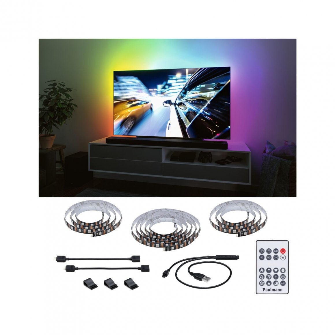 Paulmann EntertainLED TV-Backlight-Set – RGB, USB-betrieben, dimmbar – für 75" TVs – Schwarz