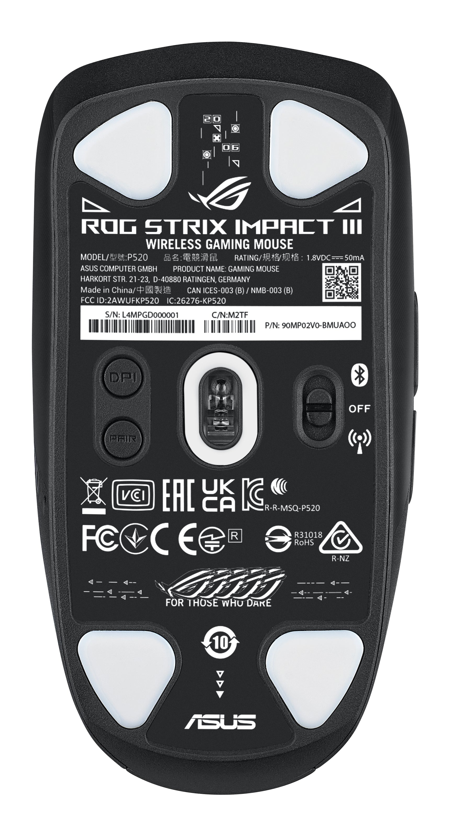 ASUS ROG Strix Impact III Wireless Gaming-Maus – kabellos, 1'000 Hz, 6 Tasten, beidhändig, RGB-Beleuchtung, sc