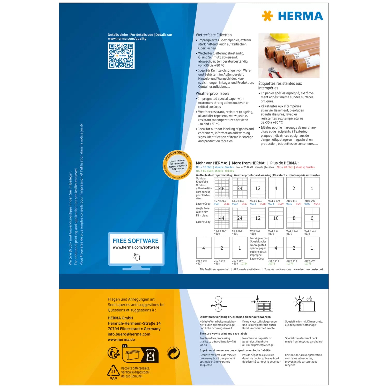 HERMA Drucketiketten, 105 mm × 148 mm, weiss, Folie, extra stark, 80 Blätter (320 Etiketten)