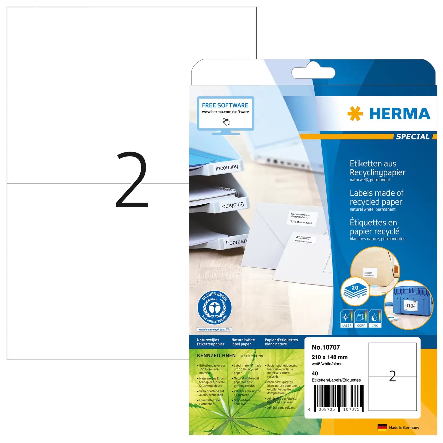 HERMA Etiketten, 210 mm × 148 mm, naturweiss, Altpapier, permanent, 20 Blatt (40 Etiketten)