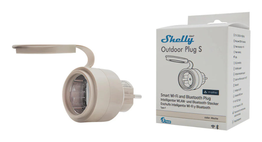 Shelly Outdoor Plug S – Smart-Steckdose – WLAN, Bluetooth, 12 A, IP44 – für Amazon Alexa, Google Home, Matter