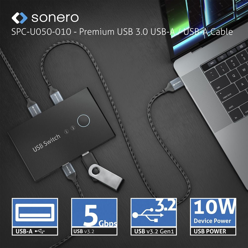 Sonero – USB-A auf USB-A Kabel – USB 3.2 Gen 1 (5 Gbit/s) – 1,5 m – Geflochten, Verstärkt – Schwarz/Grau