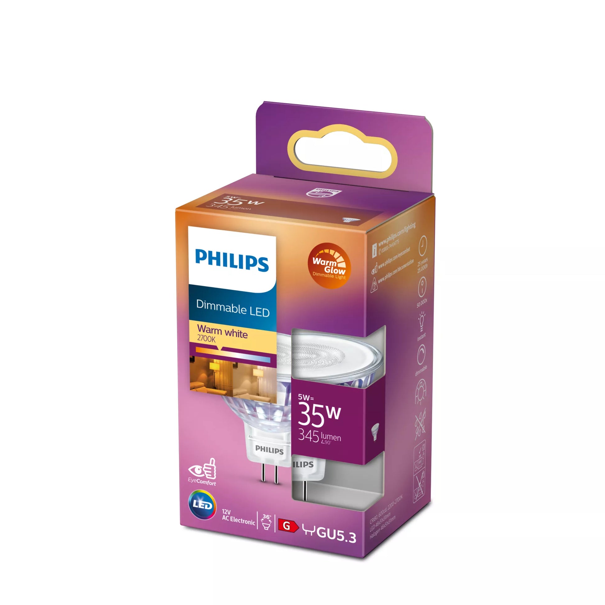 Philips by Signify Philips LED-Reflektor MR16 GU5.3 – Warmweiss 2200–2700 K, 345 lm, 5 W, dimmbar, 36° – 1 Stk., Silber