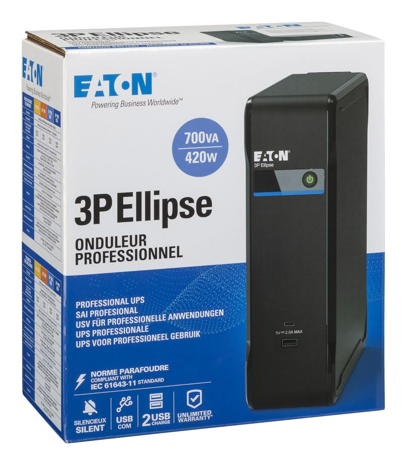Eaton 3P Ellipse 700 USB FR USV 0,7 kVA/420 W Offline – Tower – Schutzkontakt FR×3, Überspannungsschutz nur×1 – Eingang IEC