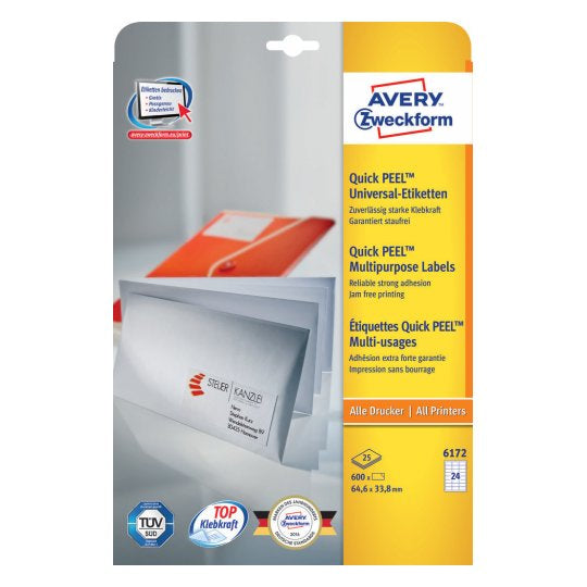 Avery Etiketten A4 65 × 34 mm – Papier, weiss – permanent haftend – 24 pro Blatt, 25 Blätter (600 Stk.)