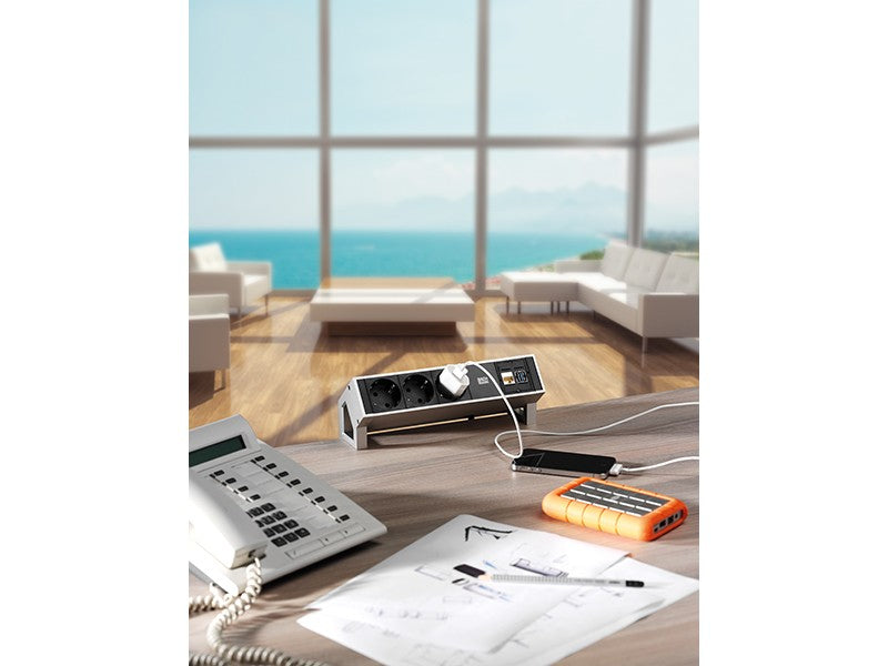 Bachmann DESK2 Tischsteckdosenleiste – 3×CEE 7/3, 0,2 m, Haltewinkel für Tischplatten 10–40 mm – Schwarz