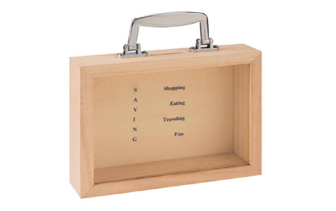 GLOREX Spardose Koffer, Holz, Braun, 22 × 18 × 7 cm, 1 Stück – FSC